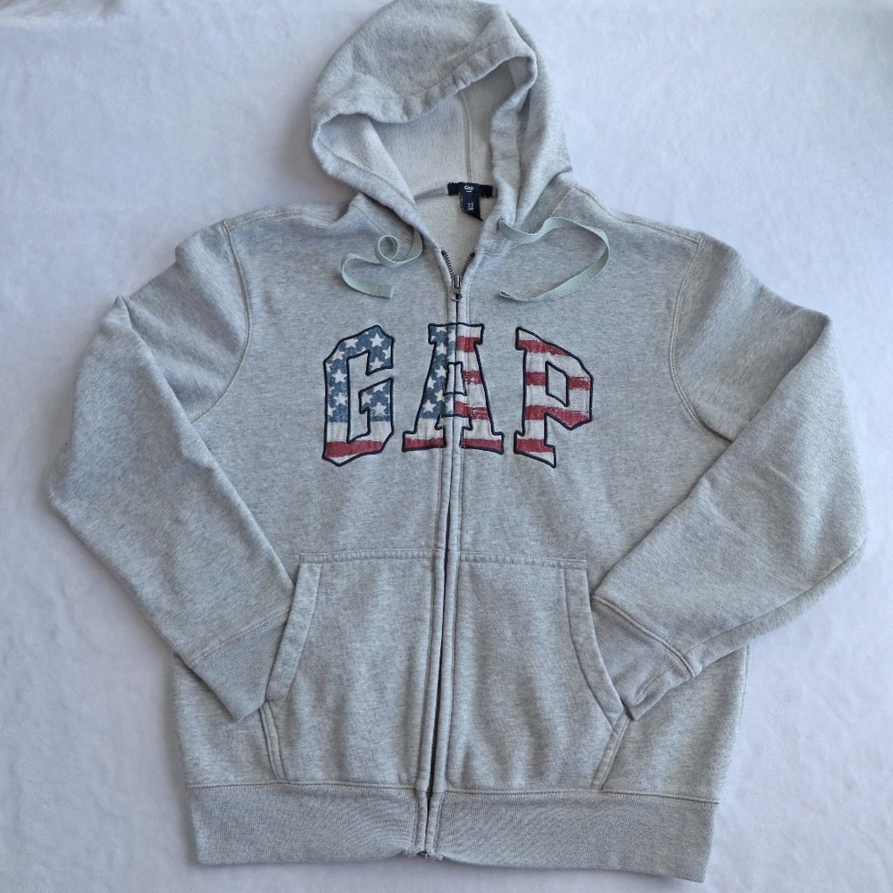 GAP Zip-Up Hoodie Sweatshirt Gray USA Flag Logo Women’s Size Small